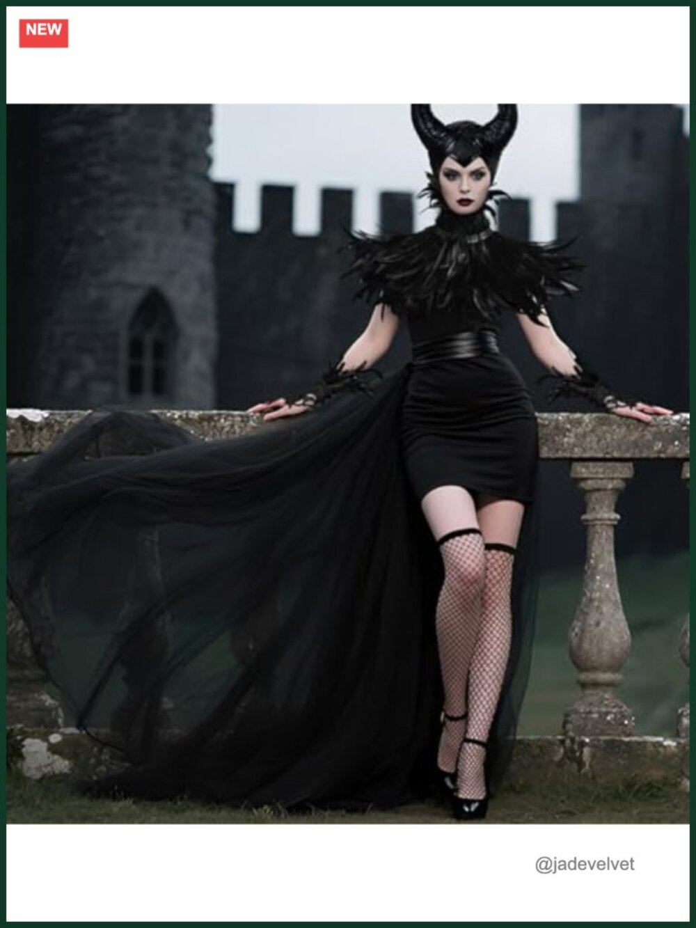 Gothic Witch Costume Set Tulle Skirt Feather Shawl Horn Headpiece Halloween - Picture 3 of 5